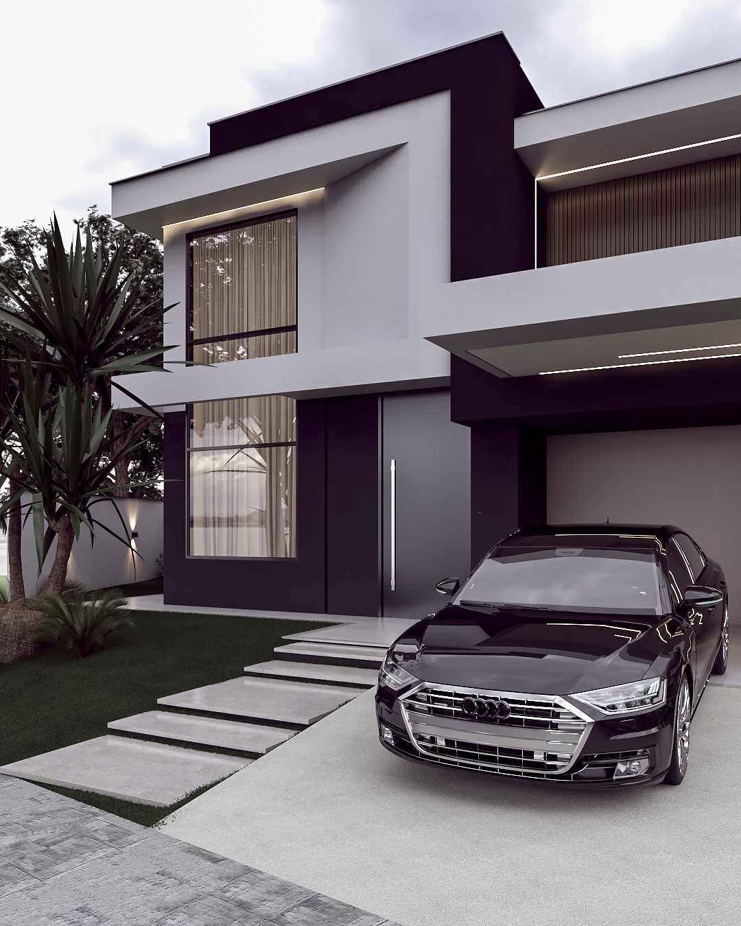 Residência contemporânea com fachada em volumes brancos e pretos